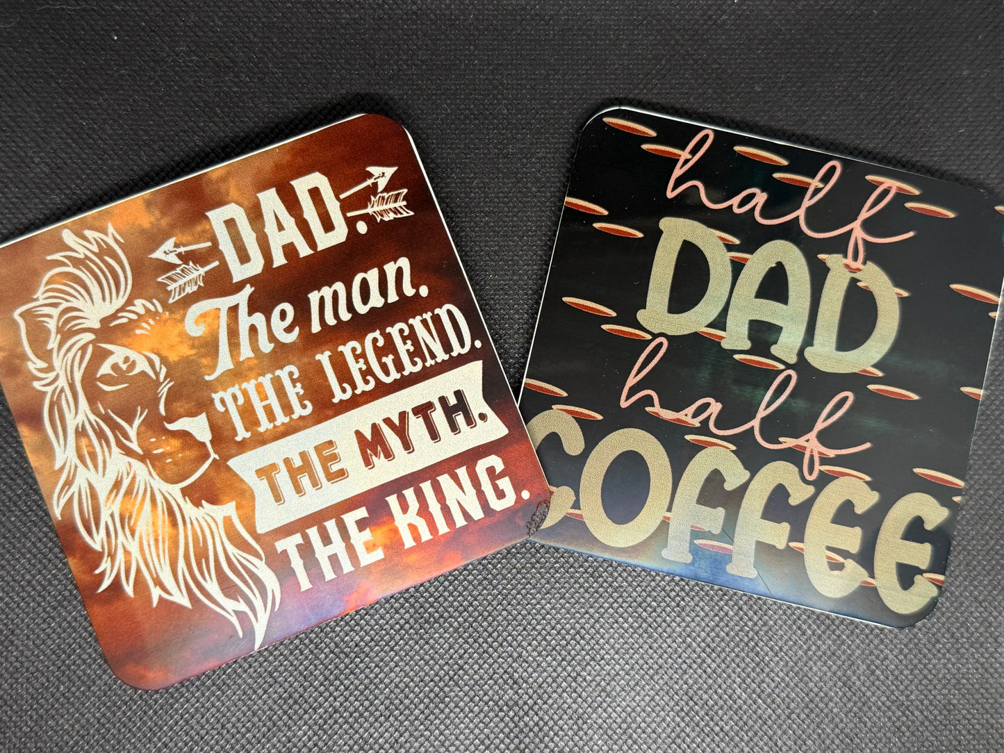 Coasters with humorous  dad sayings on various backgrounds